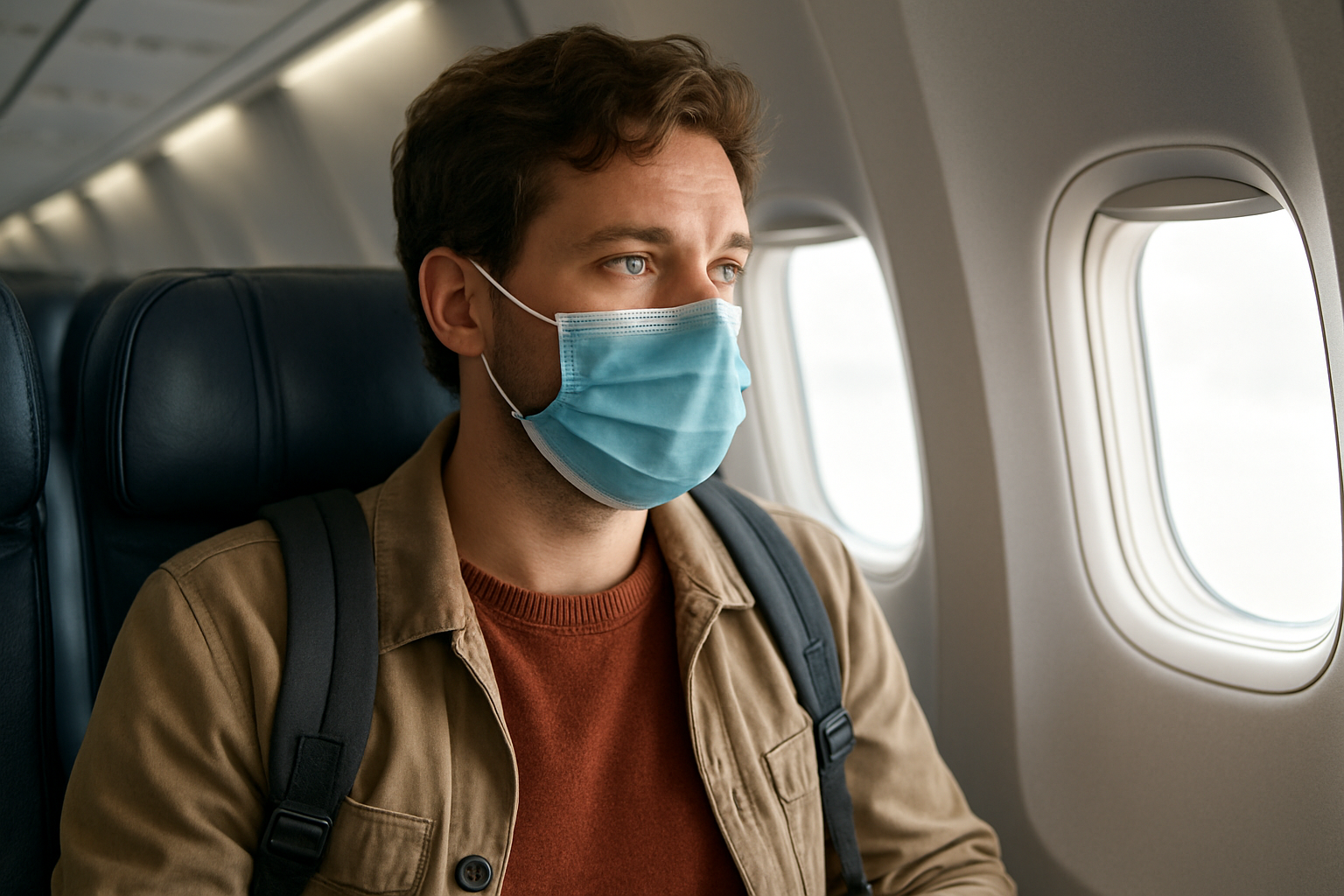 A person wearing sleek over-ear headphones while looking out an airplane window at sunset.