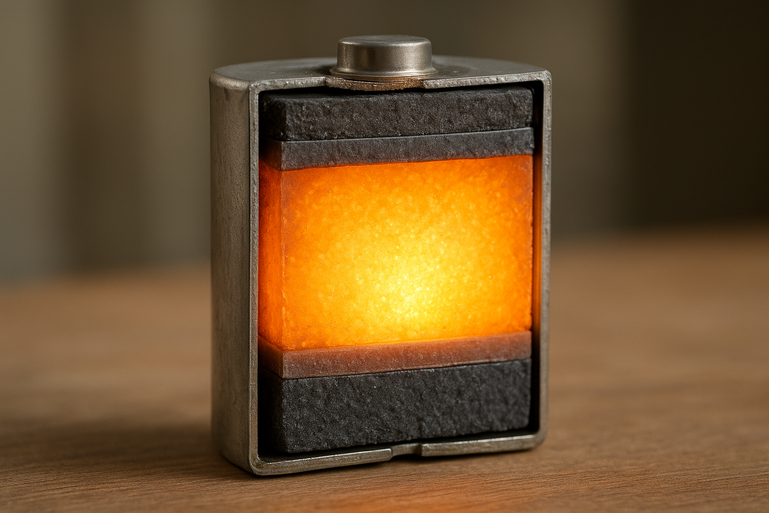 A futuristic, transparent battery cell showing solid electrolyte layers